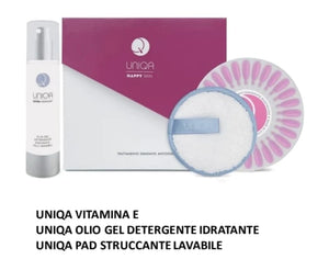 Uniqa EDIZIONE LIMITATA Cofanetto UNIQA HAPPY SKIN : OLIO GEL DETERGENTE 100 ml + Vitamina E 28 monodose+pad lavabile
